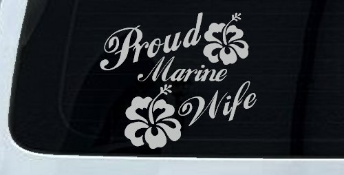 Proud Marine Wife Hibiscus Flowers Military Car or Truck Window Decal Sticker (Light Gray)