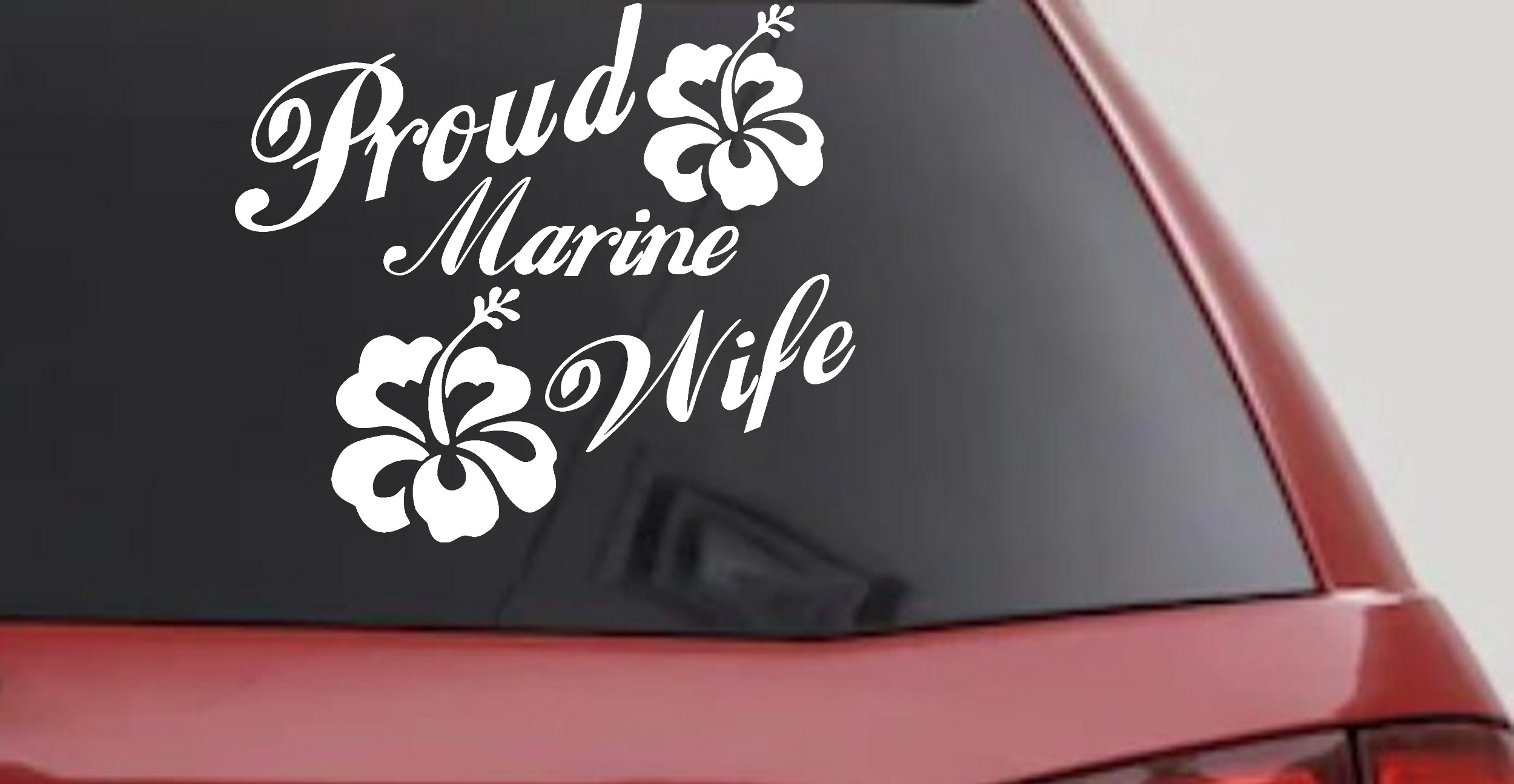 Proud Marine Wife Hibiscus Decal - Car Truck Window Vinyl Sticker (White)