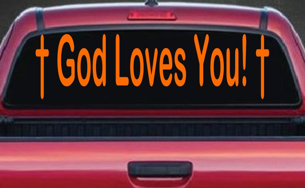 God Loves You with Crosses Christian Car or Truck Window Decal Sticker (Orange)