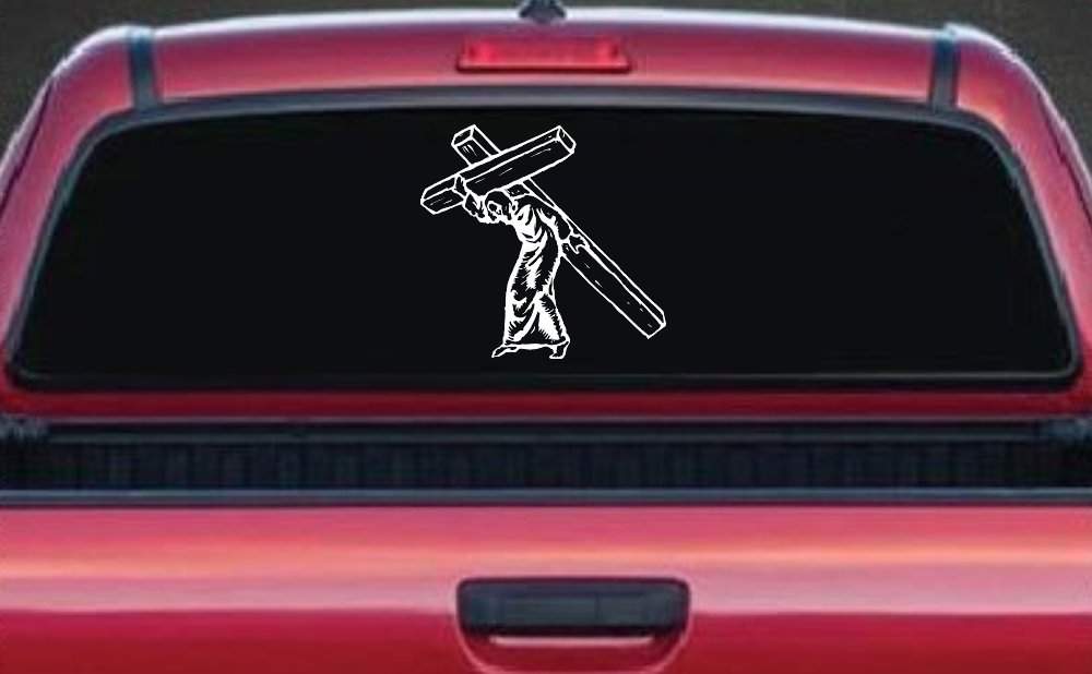 Jesus With The Cross Christian Car or Truck Window Decal Sticker (White)