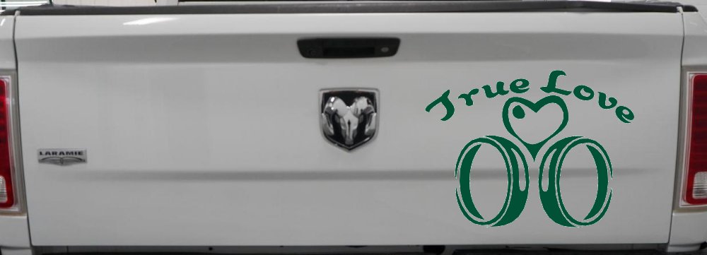 True Love Wedding Rings Heart Car or Truck Window Decal Sticker (Dark Green)