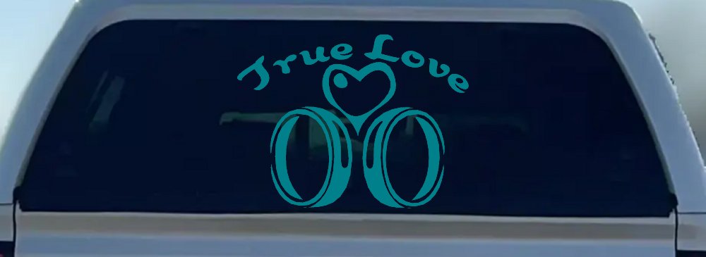 True Love Wedding Rings Heart Car or Truck Window Decal Sticker (Turquoise Blue)