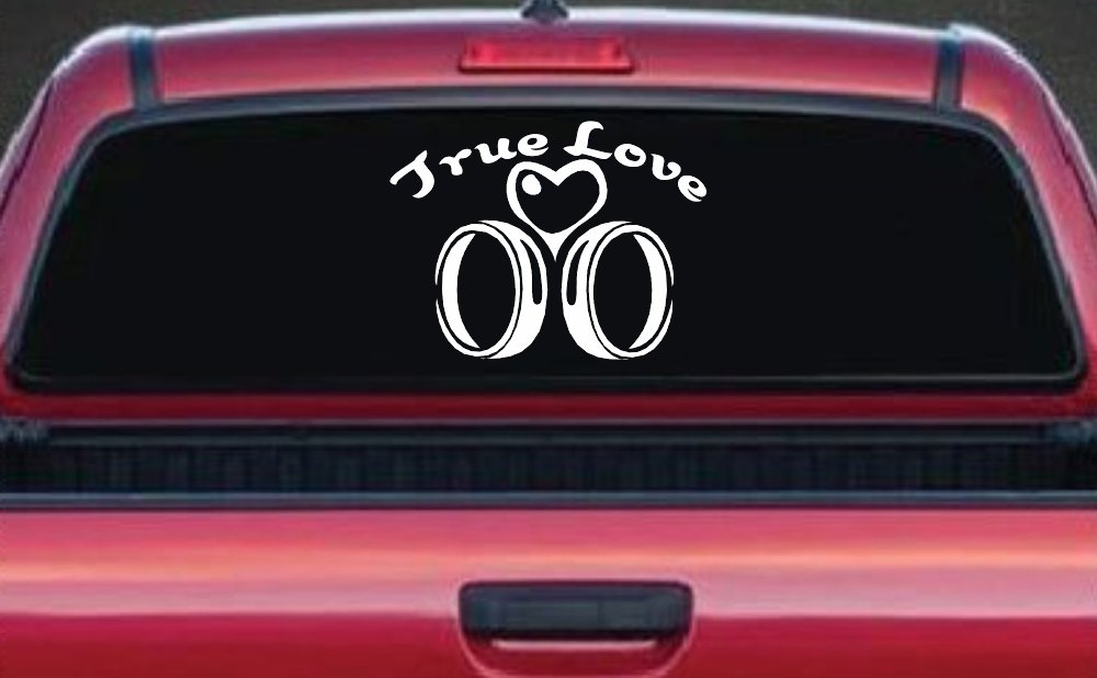True Love Wedding Rings Heart Car or Truck Window Decal Sticker (White)
