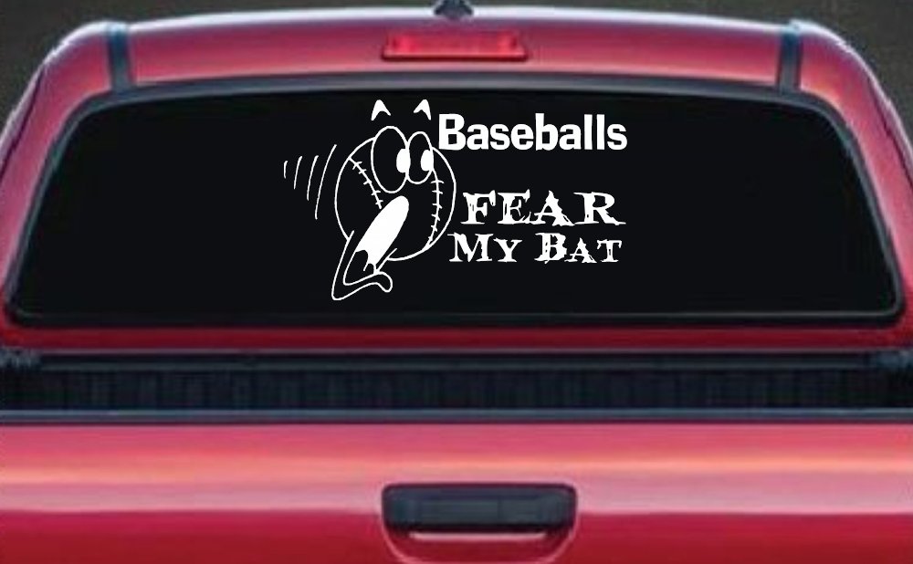 Baseballs Fear My Bat Sports Car or Truck Window Decal Sticker (White)