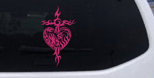 Tribal Heart and Cross Car or Truck Window Decal Sticker (Hot Pink)