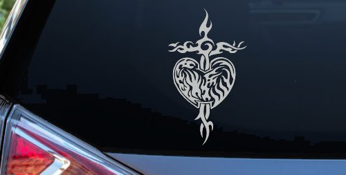 Tribal Heart and Cross Car or Truck Window Decal Sticker (Light Gray)