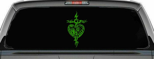Tribal Heart and Cross Car or Truck Window Decal Sticker (Lime)