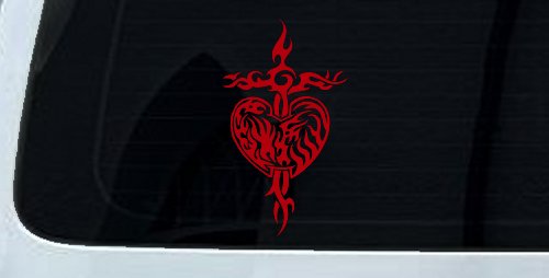 Tribal Heart and Cross Car or Truck Window Decal Sticker (Red)