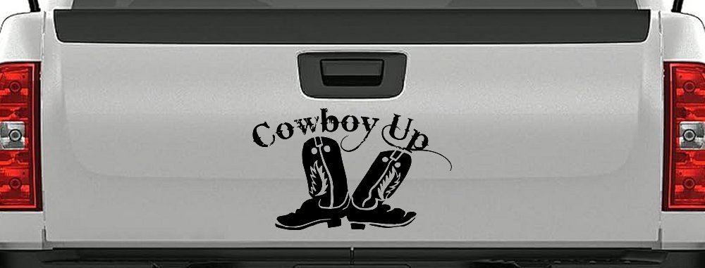 Cowboy Up With Boots Rodeo Western Ranch Car or Truck Window Decal Sticker (Black)