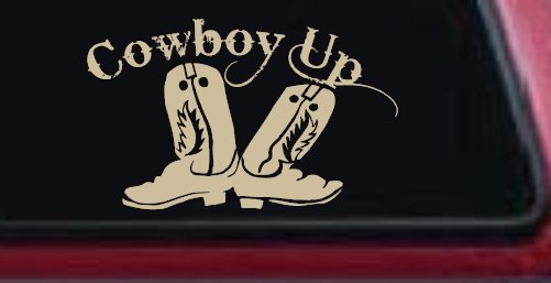 Cowboy Up With Boots Rodeo Western Ranch Car or Truck Window Decal Sticker (Desert Sand)