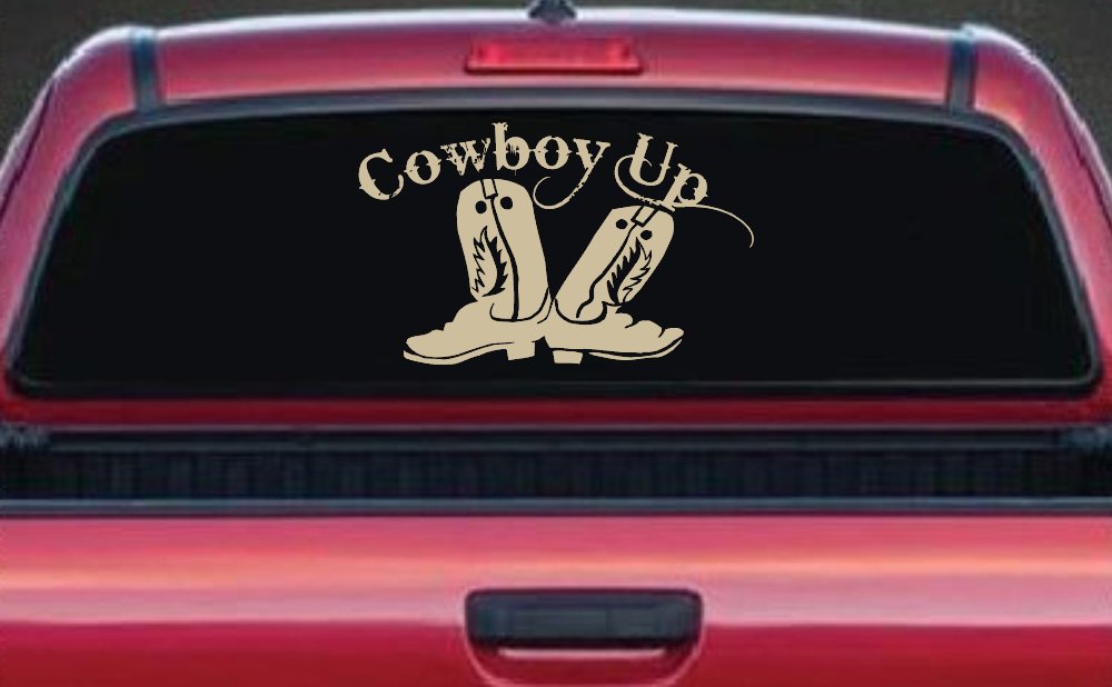Cowboy Up With Boots Rodeo Western Ranch Car or Truck Window Decal Sticker (Desert Sand)