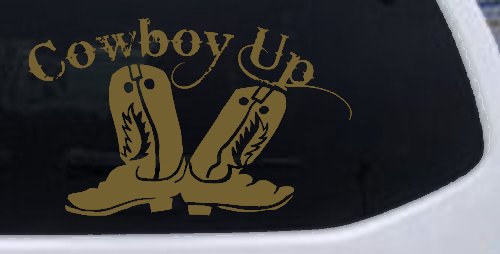 Cowboy Up With Boots Rodeo Western Ranch Car or Truck Window Decal Sticker (Gold)