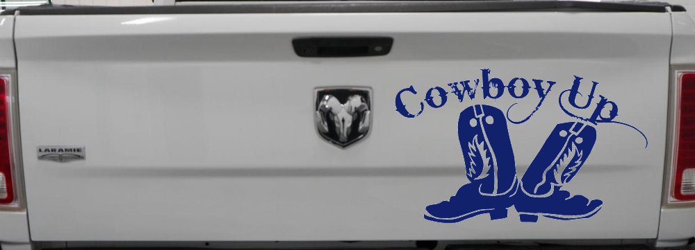 Cowboy Up With Boots Rodeo Western Ranch Car or Truck Window Decal Sticker (Navy)