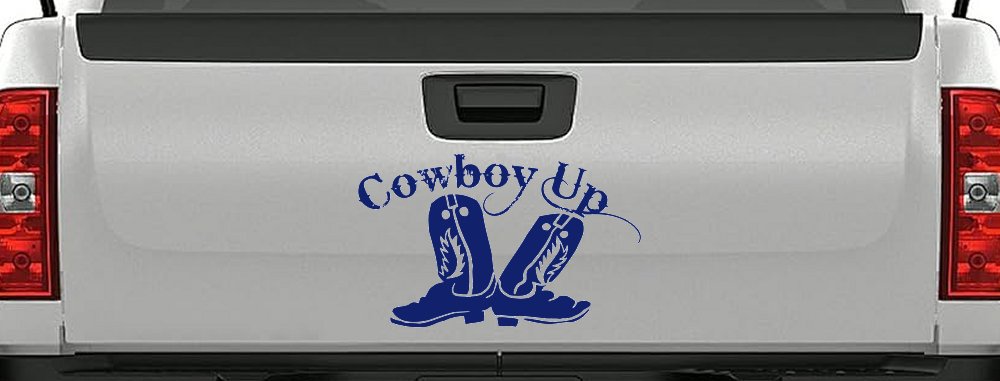 Cowboy Up With Boots Rodeo Western Ranch Car or Truck Window Decal Sticker (Navy)