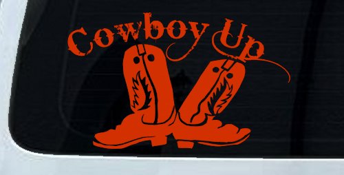 Cowboy Up With Boots Rodeo Western Ranch Car or Truck Window Decal Sticker (Orange Red)