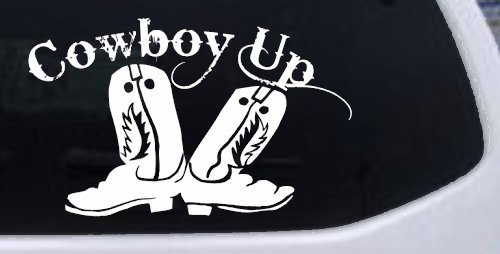 Cowboy Up With Boots Rodeo Western Ranch Car or Truck Window Decal Sticker (White)
