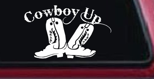 Cowboy Up With Boots Rodeo Western Ranch Car or Truck Window Decal Sticker (White)