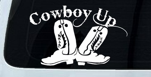 Cowboy Up With Boots Rodeo Western Ranch Car or Truck Window Decal Sticker (White)