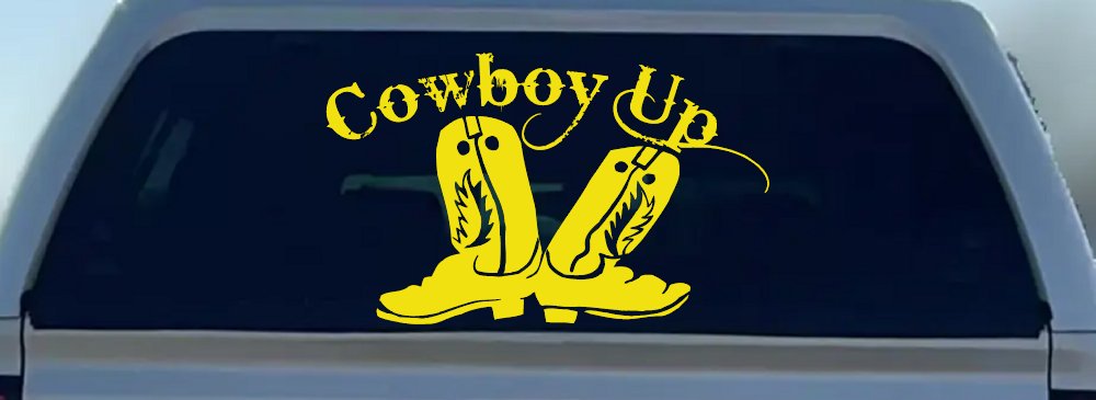 Cowboy Up With Boots Rodeo Western Ranch Car or Truck Window Decal Sticker (Yellow)
