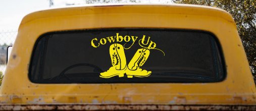 Cowboy Up With Boots Rodeo Western Ranch Car or Truck Window Decal Sticker (Yellow)