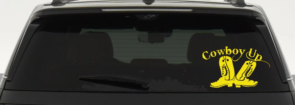 Cowboy Up With Boots Rodeo Western Ranch Car or Truck Window Decal Sticker (Yellow)