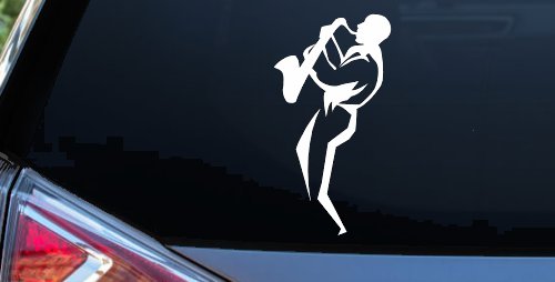 Jazz Man With Saxophone Music Car or Truck Window Decal Sticker (White)