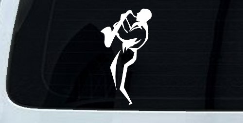 Jazz Man With Saxophone Music Car or Truck Window Decal Sticker (White)