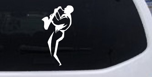Jazz Man With Saxophone Music Car or Truck Window Decal Sticker (White)