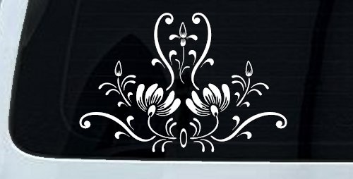 Swirl Flower Accent And Vines Car or Truck Window Decal Sticker (White)