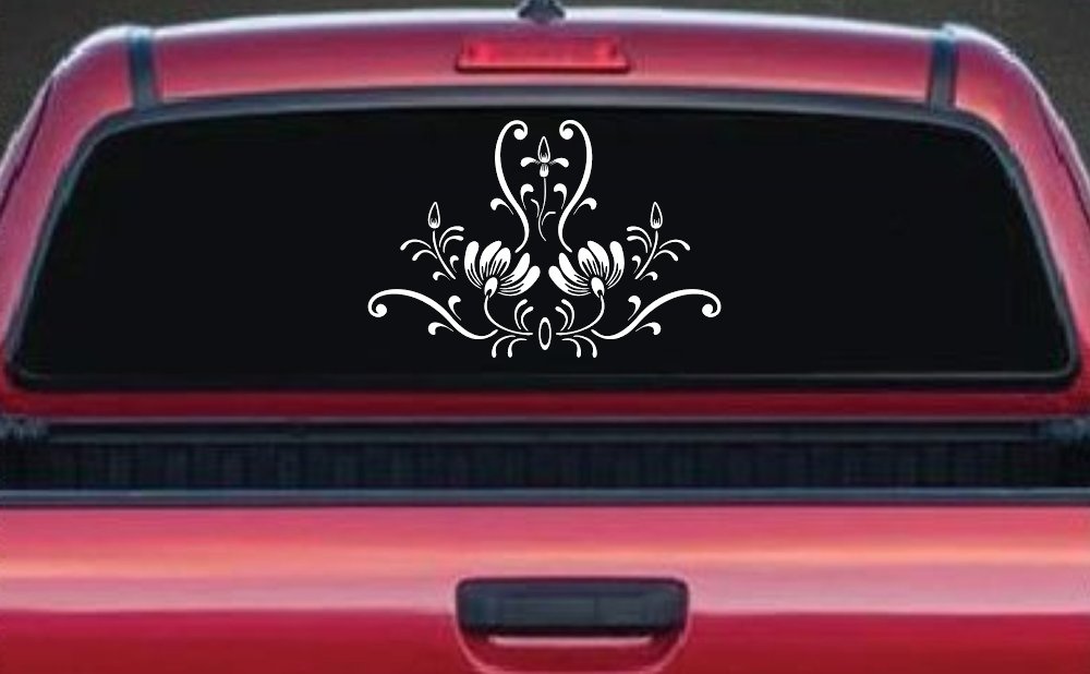 Swirl Flower Accent And Vines Car or Truck Window Decal Sticker (White)