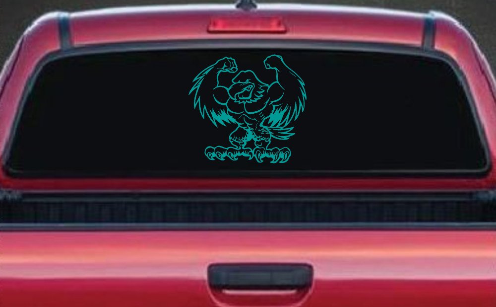 Muscular Bald Eagle Car or Truck Window Decal Sticker (Turquoise)