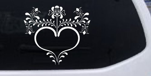 Heart with Flower Vines Car or Truck Window Decal Sticker (White)