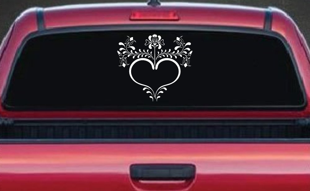 Heart with Flower Vines Car or Truck Window Decal Sticker (White)