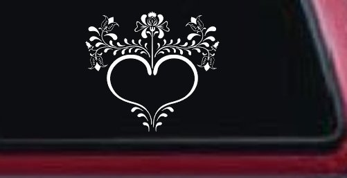 Heart with Flower Vines Car or Truck Window Decal Sticker (White)