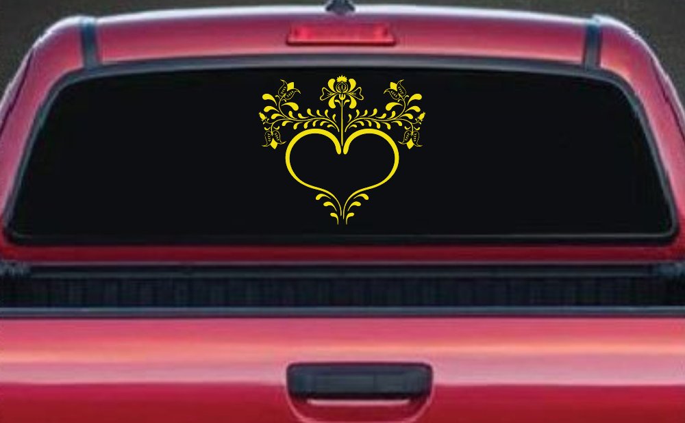 Heart with Flower Vines Car or Truck Window Decal Sticker (Yellow)