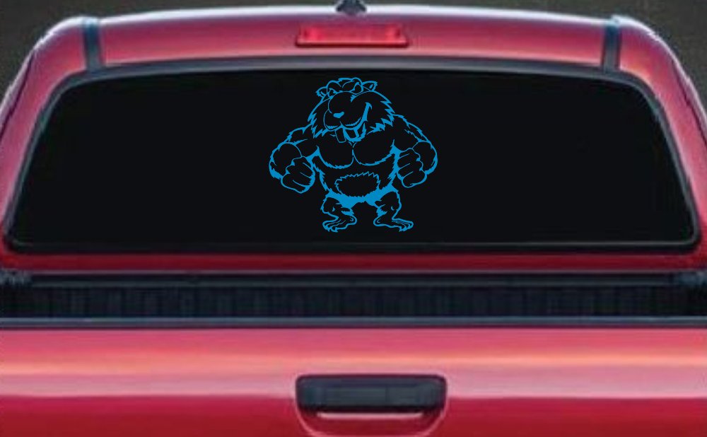 Muscular Beaver Car or Truck Window Decal Sticker (Blue)