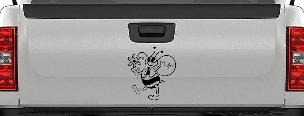 Cute Honey Bee with Flower Car or Truck Window Decal Sticker (Black)