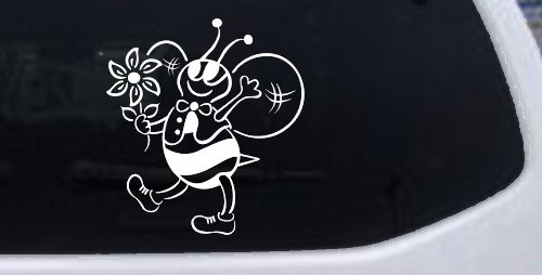 Cute Honey Bee with Flower Car or Truck Window Decal Sticker (White)