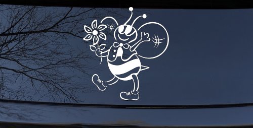 Cute Honey Bee with Flower Car or Truck Window Decal Sticker (White)