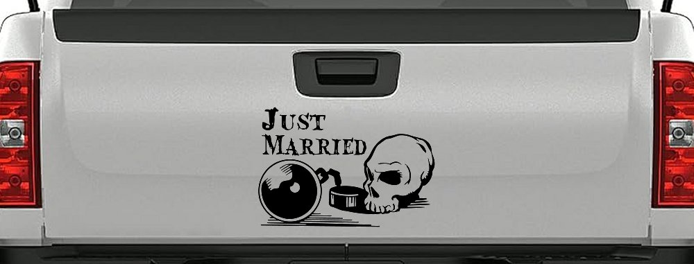 Just Married Ball and Chain Skull Car or Truck Window Decal Sticker (Black)