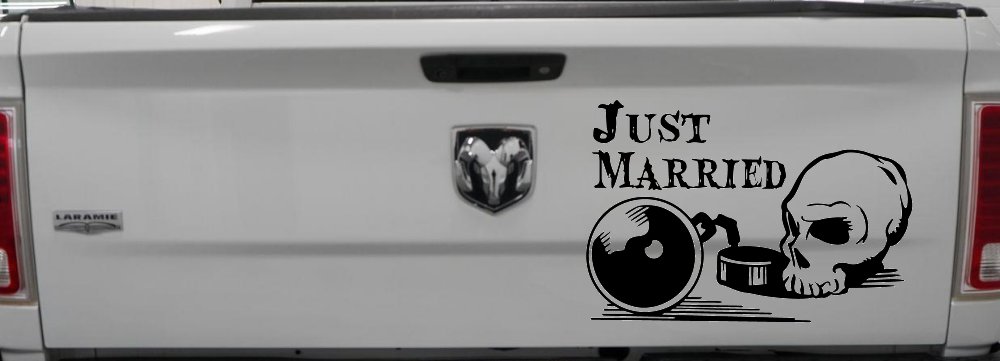 Just Married Ball and Chain Skull Car or Truck Window Decal Sticker (Black)