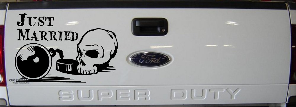 Just Married Ball and Chain Skull Car or Truck Window Decal Sticker (Black)