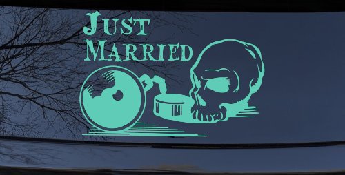 Just Married Ball and Chain Skull Car or Truck Window Decal Sticker (Mint)
