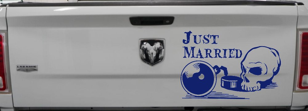 Just Married Ball and Chain Skull Car or Truck Window Decal Sticker (Navy)
