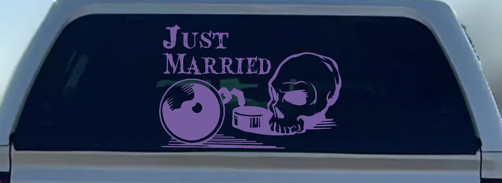 Just Married Ball and Chain Skull Car or Truck Window Decal Sticker (Purple)