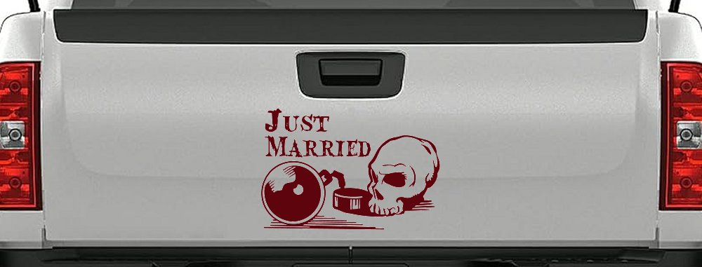 Just Married Ball and Chain Skull Car or Truck Window Decal Sticker (Purple Red)