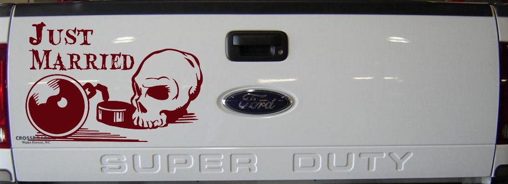 Just Married Ball and Chain Skull Car or Truck Window Decal Sticker (Purple Red)
