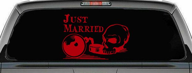 Just Married Ball and Chain Skull Car or Truck Window Decal Sticker (Red)