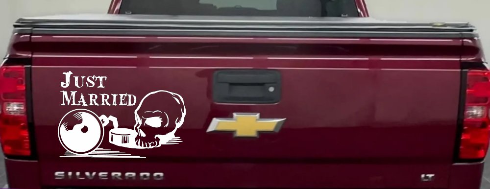 Just Married Ball and Chain Skull Car or Truck Window Decal Sticker