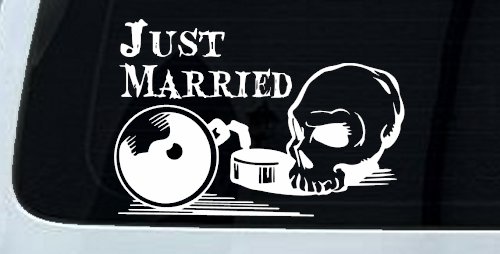 Just Married Ball and Chain Skull Car or Truck Window Decal Sticker (White)